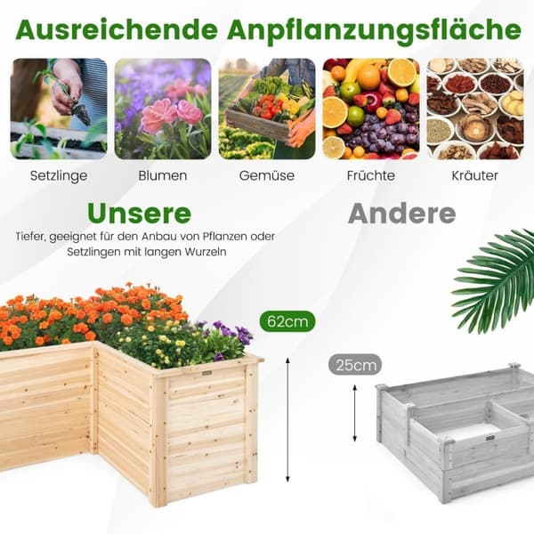 Højbed træ plantekasse til altan haveterrasse urtebed blomsterkasse 120 x 120 x 63 cm natur