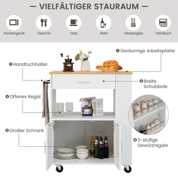 Kjøkkenvogn rullende serveringsvogn med 3 krydderhyller 82 x 46 x 92 cm hvit