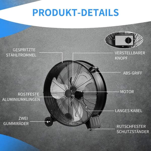 Fan tromle ventilator piedestal ventilator industriel gulvventilator med hjul 3 hastigheder vindmaskine til lagerværksted