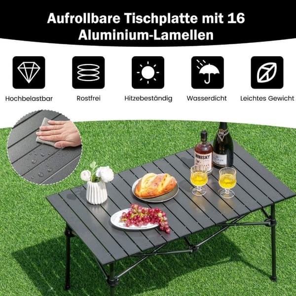 Campingbord i aluminium för 4-6 personer, hopfällbart picknickbord med bärväska, svart