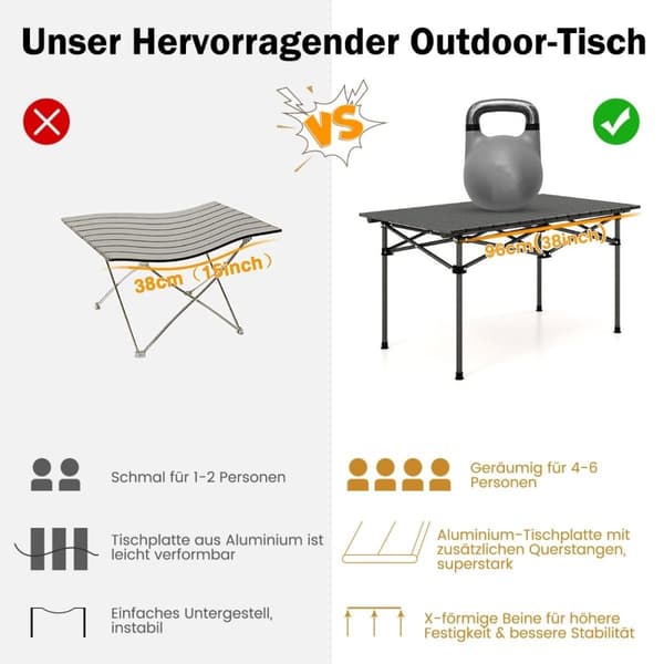 Campingbord i aluminium för 4-6 personer, hopfällbart picknickbord med bärväska, svart