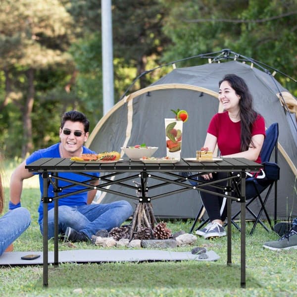 Campingbord i aluminium för 4-6 personer, hopfällbart picknickbord med bärväska, svart