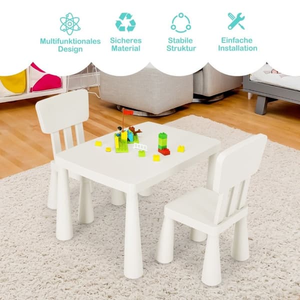 3-delat barnsittset, barnbord med 2 stolar, barnmöbler av vit plast