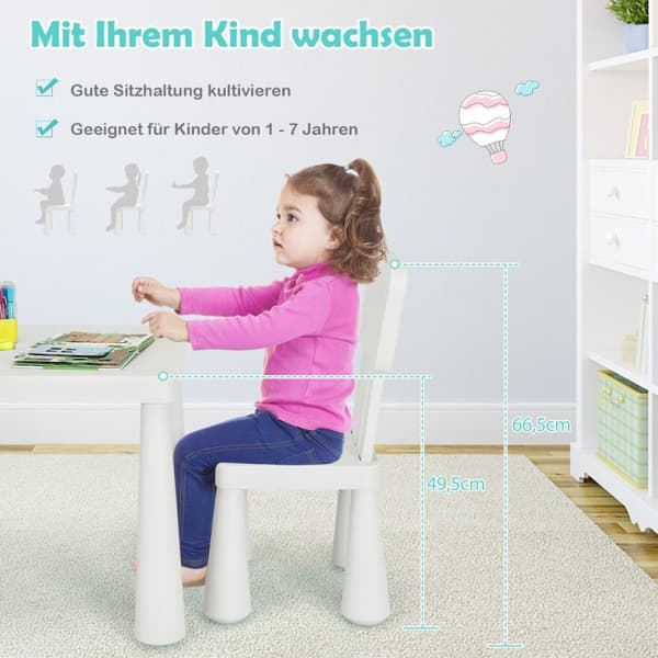 3-delat barnsittset, barnbord med 2 stolar, barnmöbler av vit plast