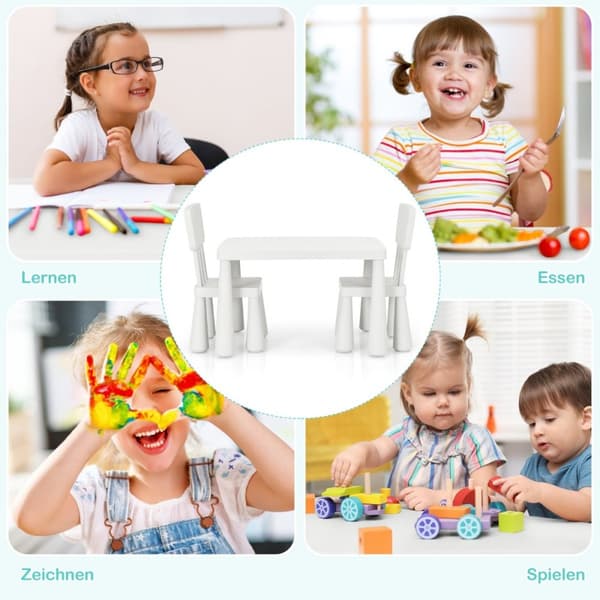3-delat barnsittset, barnbord med 2 stolar, barnmöbler av vit plast