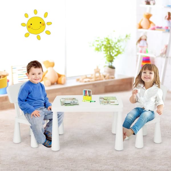 3-delat barnsittset, barnbord med 2 stolar, barnmöbler av vit plast