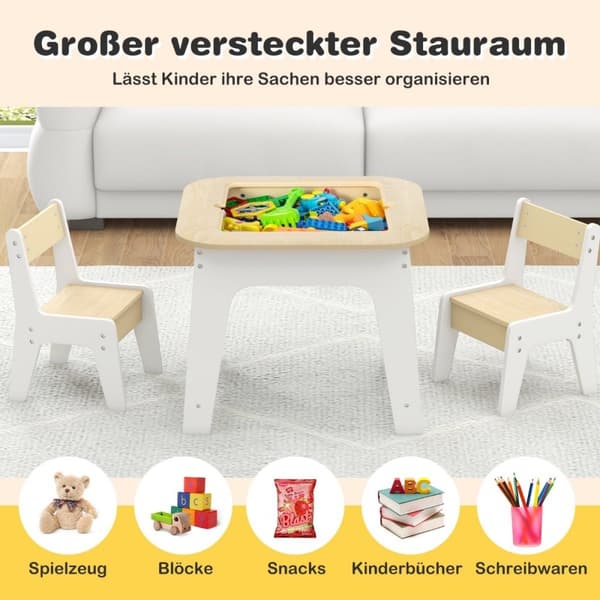 Barnebord med 2 stoler 3-delt barnesetegruppe laget av tre med dobbeltsidig bordplate