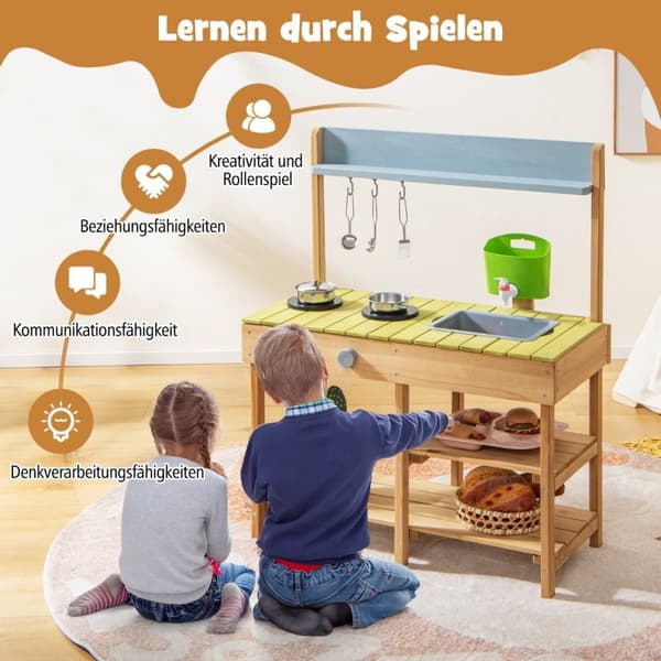 Utomhus barns lerkök med vattenfunktion & krokar & avtagbar hylla lekkök
