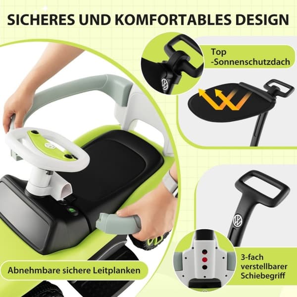 Licenseret 3-i-1 Volkswagen ride-on bil med tredobbelt justerbart skubbehåndtag 96 x 40 x 93 Grøn