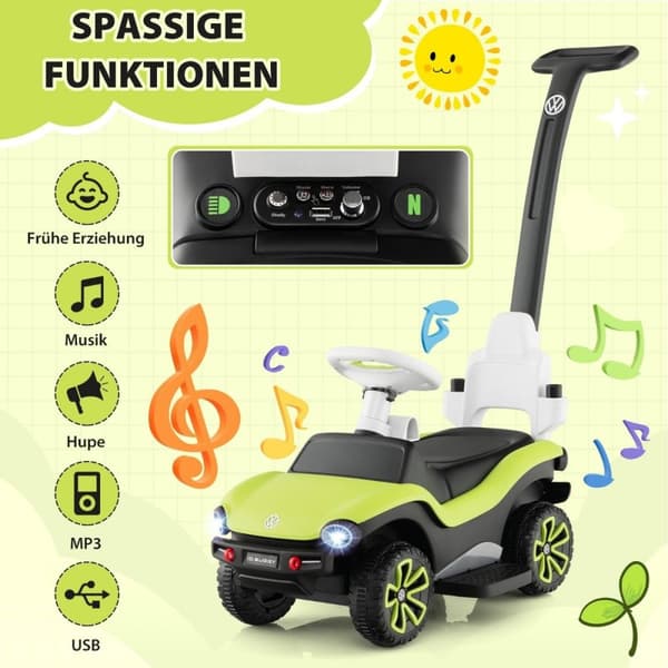 Licenseret 3-i-1 Volkswagen ride-on bil med tredobbelt justerbart skubbehåndtag 96 x 40 x 93 Grøn