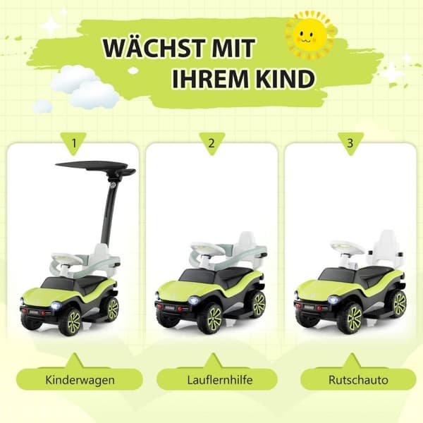Licenseret 3-i-1 Volkswagen ride-on bil med tredobbelt justerbart skubbehåndtag 96 x 40 x 93 Grøn