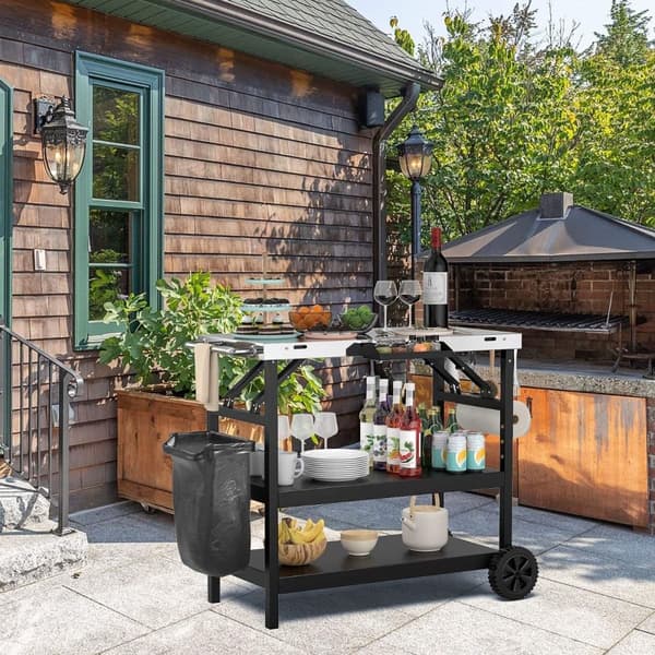 Grillbord med 3 hylder & mobiltelefonstativ & krydderihylde & håndklædeholder serveringsvogn