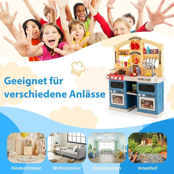 69 dele børnekøkken inklusive tilbehør, legekøkken med lys, damp, musik og lyd, blå