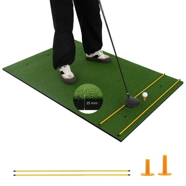 3-i-1 golf-tee-matta med konstgräs, 2 golf-tees, 2 inriktningsstakar och 6 förborrade tee-hål, 152 x 92 cm
