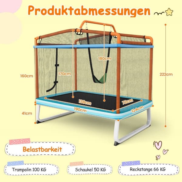 Suorakaiteen muotoinen 3-in-1 trampoliini lapsille 190 x 124 cm iso vapaa-ajan trampoliini, nettisininen + oranssi