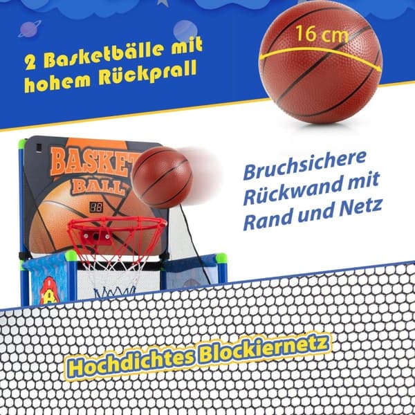 Arcade-basketballspilsæt med resultattavle og lydeffekter inklusive 2 basketball og pumpeblå