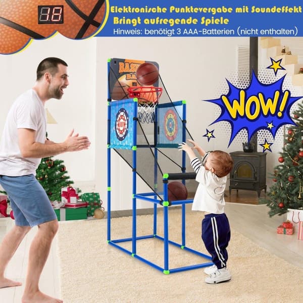 Arcade-basketballspilsæt med resultattavle og lydeffekter inklusive 2 basketball og pumpeblå