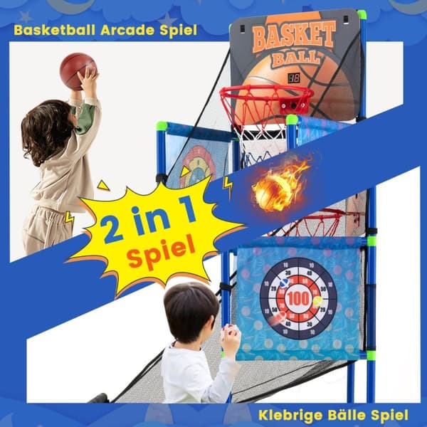 Arcade-basketballspilsæt med resultattavle og lydeffekter inklusive 2 basketball og pumpeblå