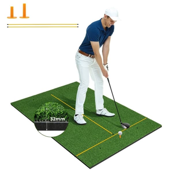 Golfträffmatta med 2 gummi-tees, 2 inriktningsstavar och 6 tee-lägen, 152 x 92 cm, tjocklek 32 mm