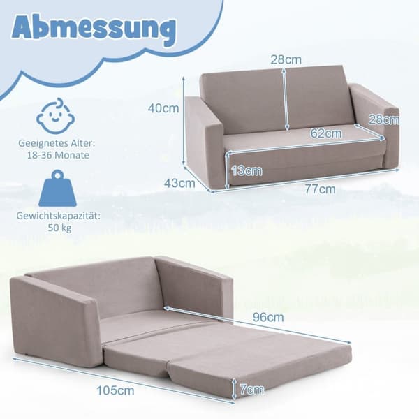 2 i 1 sammenleggbar barnesofa med fløyelsstoff trukket barnestol 77 x 43 x 40 cm Mørkegrå