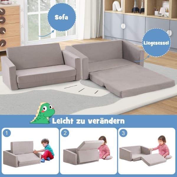 2 i 1 sammenleggbar barnesofa med fløyelsstoff trukket barnestol 77 x 43 x 40 cm Mørkegrå