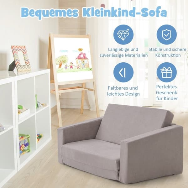 2 i 1 sammenleggbar barnesofa med fløyelsstoff trukket barnestol 77 x 43 x 40 cm Mørkegrå