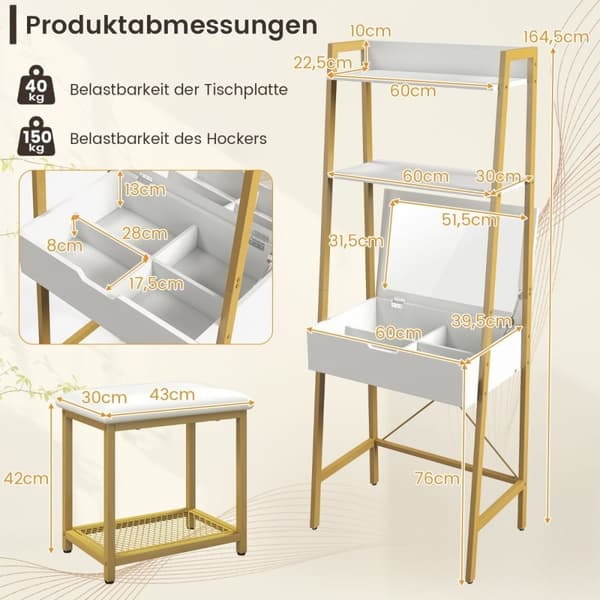 2 i 1 toalettbord med pall & spegel & dubbla hyllor & dolda skåp Vitguld