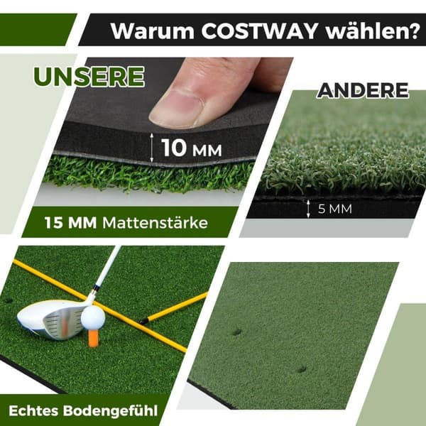 3-i-1 golf-tee-måtte med kunstgræs, 2 golf-tees, 2 justeringspæle og 6 forborede tee-huller, 152 x 92 cm, 27 mm