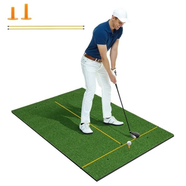 3-i-1 golf-tee-måtte med kunstgræs, 2 golf-tees, 2 justeringspæle og 6 forborede tee-huller, 152 x 92 cm, 27 mm