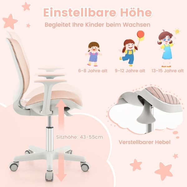 Korkeussäädettävä lasten kääntyvä tuoli istuinjarrulla Ergonominen työtuoli Toimistotuoli Pinkki