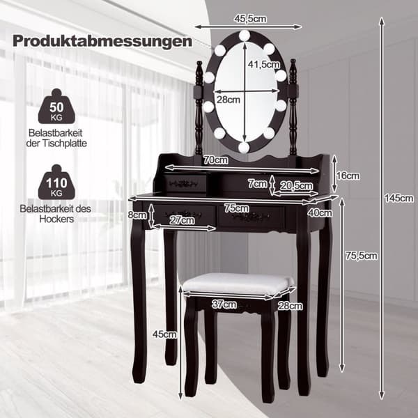 Pukeutumispöytä LED-valolla säädettävä kirkkaus peilipöytä 4 laatikkoa musta