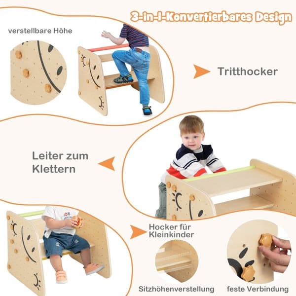 Träklättrare med vändbar ramp & gungbräda & klätterstege & smiley face-mönster klätterleksak