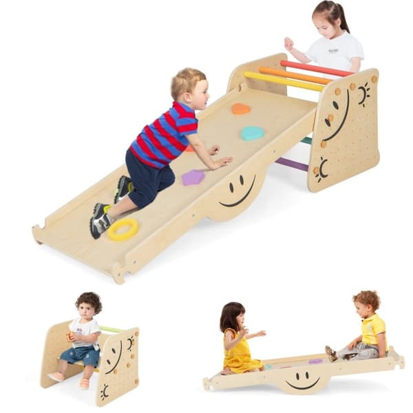 Träklättrare med vändbar ramp & gungbräda & klätterstege & smiley face-mönster klätterleksak
