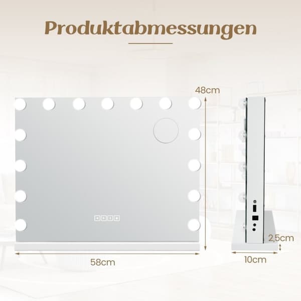 Hollywood-speil med belysning, USB-ladeport og Bluetooth-høyttaler, kosmetikkspeil for soverom, 58 x 46 cm, hvit