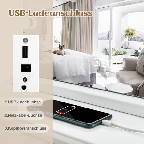 Hollywood-speil med belysning, USB-ladeport og Bluetooth-høyttaler, kosmetikkspeil for soverom, 58 x 46 cm, hvit