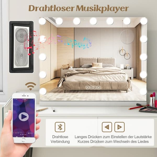 Hollywood-speil med belysning, USB-ladeport og Bluetooth-høyttaler, kosmetikkspeil for soverom, 58 x 46 cm, hvit