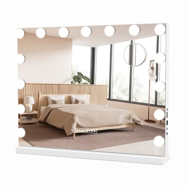 Hollywood-speil med belysning, USB-ladeport og Bluetooth-høyttaler, kosmetikkspeil for soverom, 58 x 46 cm, hvit