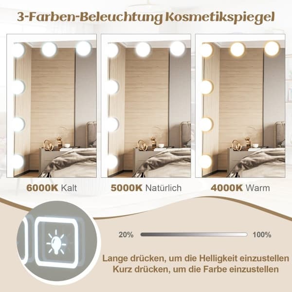 Hollywood-speil med belysning, USB-ladeport og Bluetooth-høyttaler, kosmetikkspeil for soverom, 58 x 46 cm, hvit