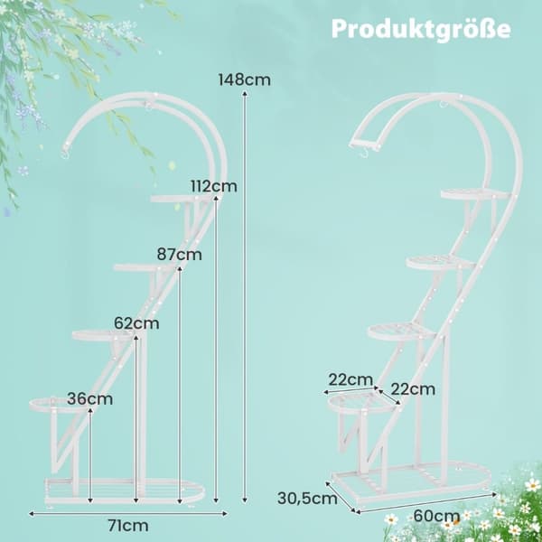 5-lags metall plantestativ hjerteformet blomsterhylle med kroker 71 x 30,5 x 148 cm Hvit