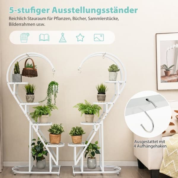 5-lags metall plantestativ hjerteformet blomsterhylle med kroker 71 x 30,5 x 148 cm Hvit