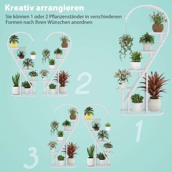 5-lags metall plantestativ hjerteformet blomsterhylle med kroker 71 x 30,5 x 148 cm Hvit