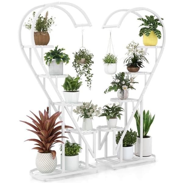 5-lags metall plantestativ hjerteformet blomsterhylle med kroker 71 x 30,5 x 148 cm Hvit