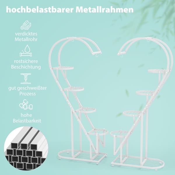 5-lags metall plantestativ hjerteformet blomsterhylle med kroker 71 x 30,5 x 148 cm Hvit