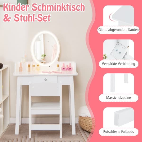 Sminkebord for barn med opplyst speil Sminkebord med stol Hvit