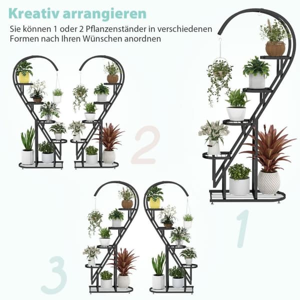 5-vånings metallväxtställ hjärtformad blomhylla med krokar 71 x 30,5 x 148 cm Svart