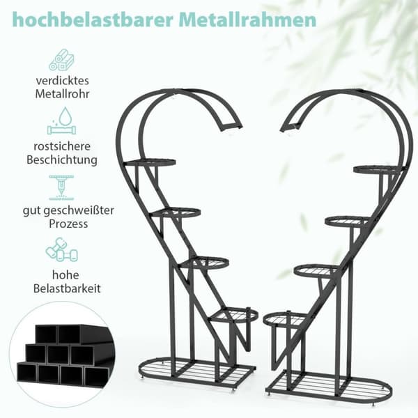 5-vånings metallväxtställ hjärtformad blomhylla med krokar 71 x 30,5 x 148 cm Svart