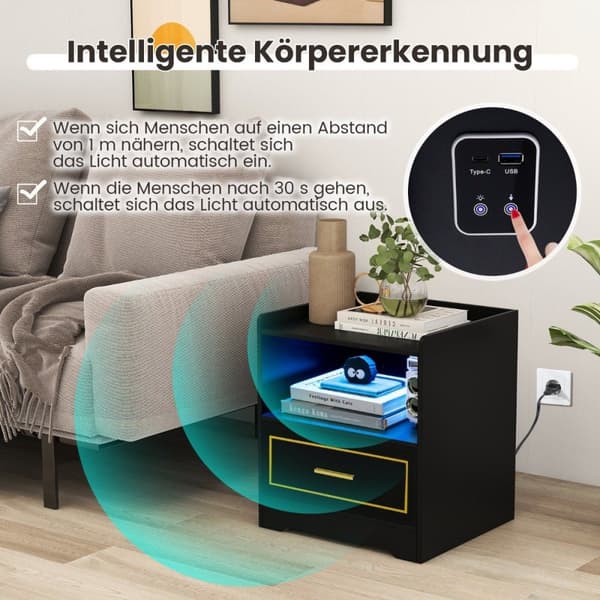 Yöpöytä LED-valolla, USB-portti ja Type-C-latausasema, yöpöytä liiketunnistimella, musta