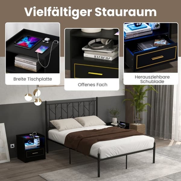 Yöpöytä LED-valolla, USB-portti ja Type-C-latausasema, yöpöytä liiketunnistimella, musta