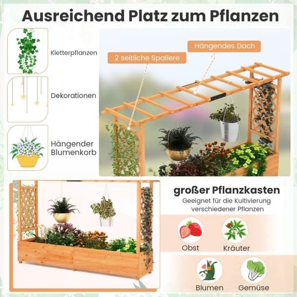 Opphøyd treseng med espalier og hengende tak og espalierplanter 200 x 44 x 114 cm