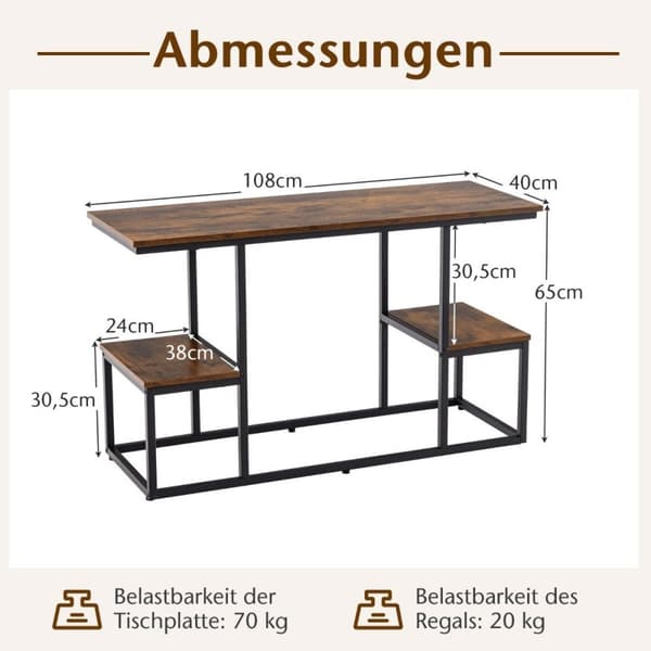 TV-konsollbord for 50-tommers TV-er, industriell mediekonsoll med åpne hyller, 108 x 40 x 65 cm, rustikk brun